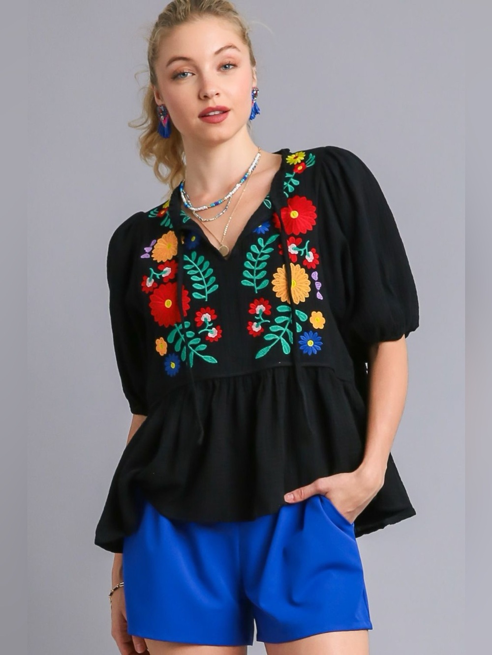 Umgee Full Size Cotton Gauze Floral Embroidery Babydoll Blouse Plus Size